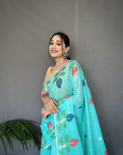 Beautiful Aqua Blue Color Printed Linen Saree With Meenakari Work