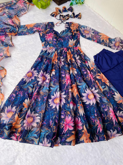Trendy Navy Blue Anarkali Gown With Dupatta