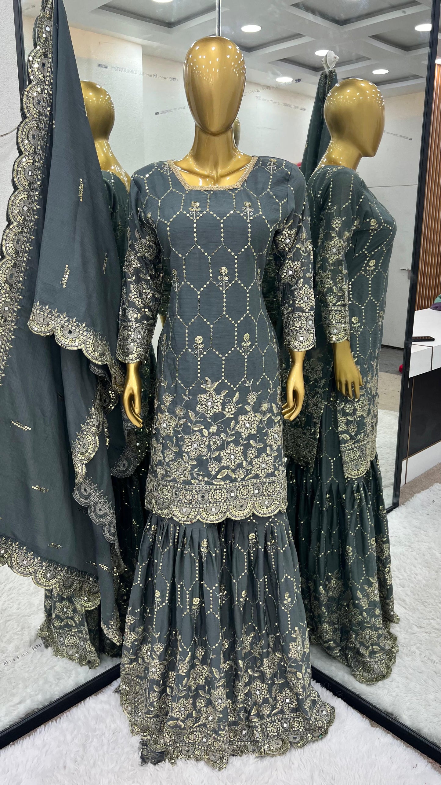 Stylish Grey Color Embroidery Mirror Work Sharara Suit