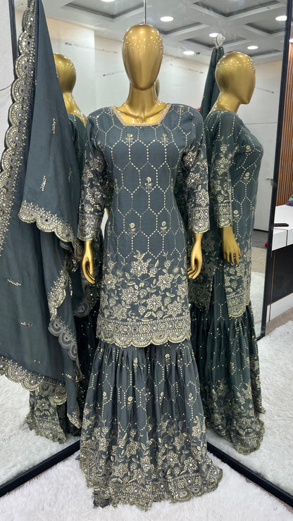 Stylish Grey Color Embroidery Mirror Work Sharara Suit