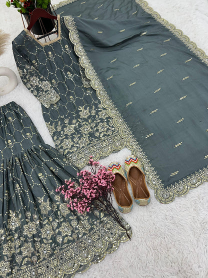 Stylish Grey Color Embroidery Mirror Work Sharara Suit
