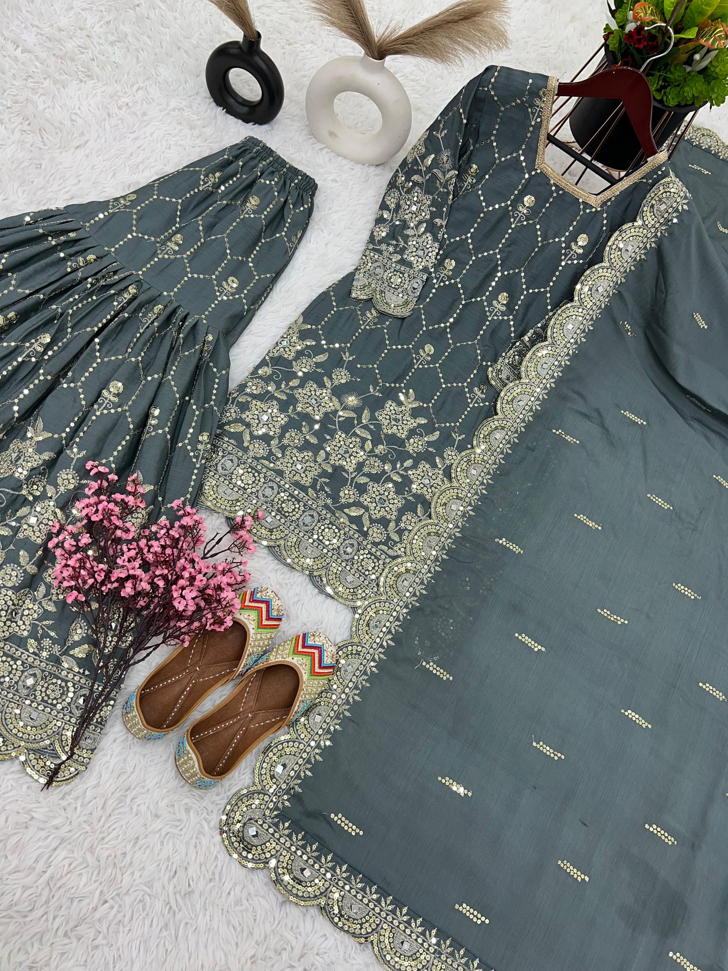 Stylish Grey Color Embroidery Mirror Work Sharara Suit