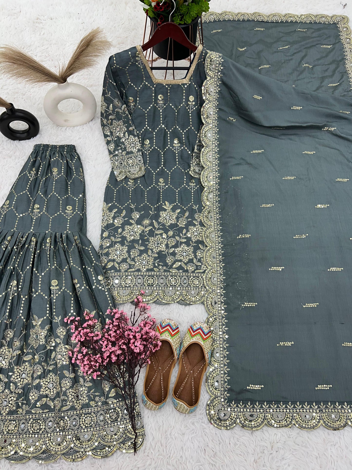 Stylish Grey Color Embroidery Mirror Work Sharara Suit