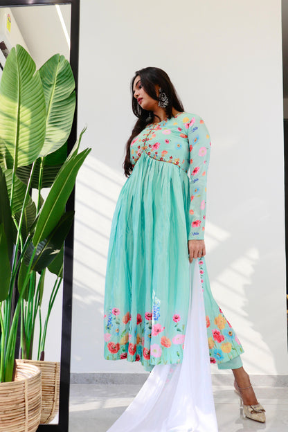 Aqua Blue Color Superhit Multi Printed Anarkali Suit