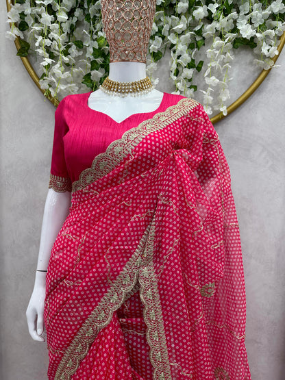 Designer Pink Color Tibby Silk Digital Printing Thread Lace Work Saree