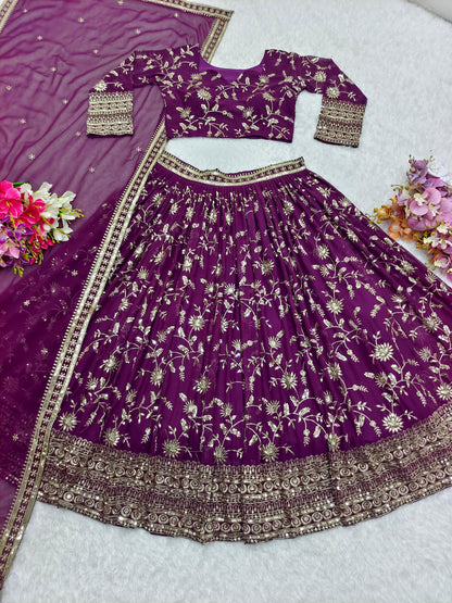 Designer Heavy Fox Georgette Puple Color Sequins Work Designer Lehenga Choli
