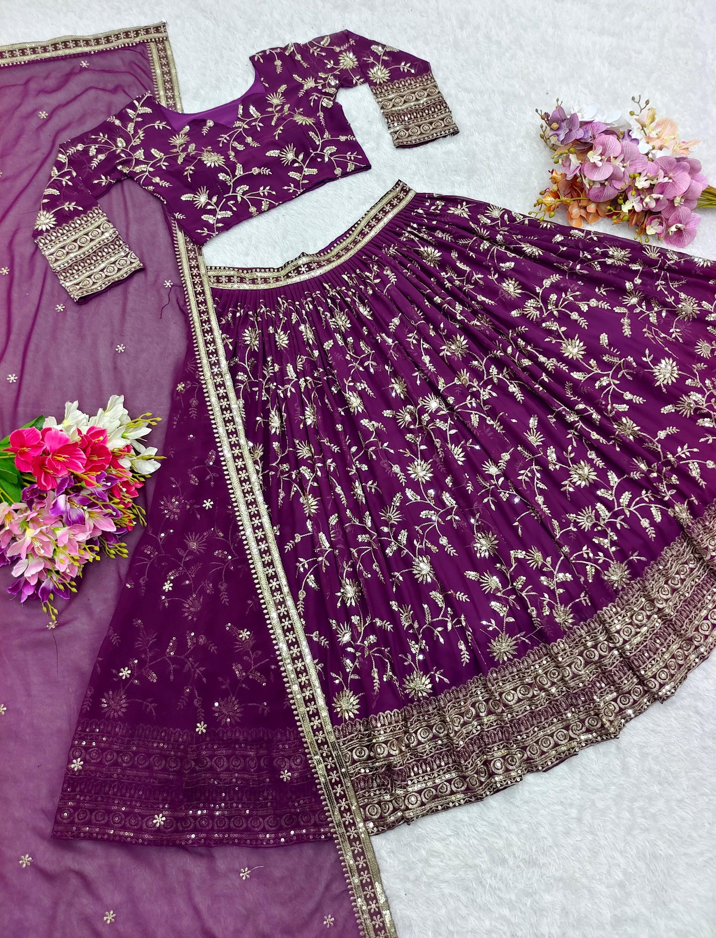 Designer Heavy Fox Georgette Puple Color Sequins Work Designer Lehenga Choli
