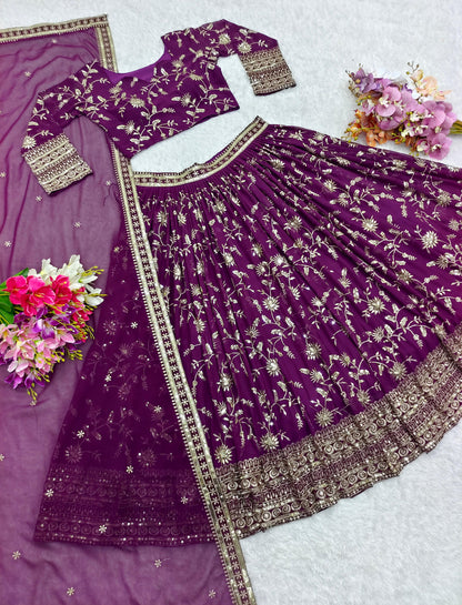Designer Heavy Fox Georgette Puple Color Sequins Work Designer Lehenga Choli