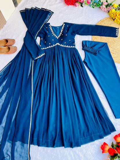 Teal Blue Stylish Hand Work Anarkali Suit
