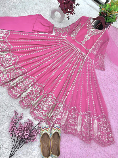 Glorious Pink Color Faux Georgette Anarkali Gown