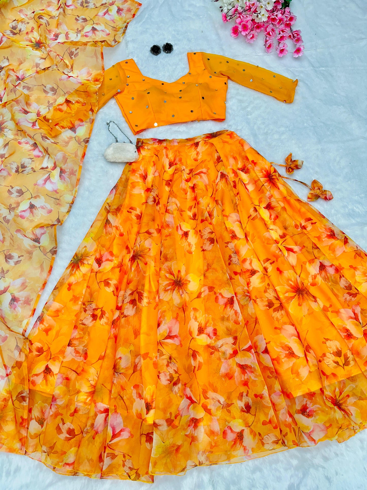 Haldi Special Collection Yellow Color Floral Printed Pure Organza Silk Lehenga with Fully Stitched Blouse