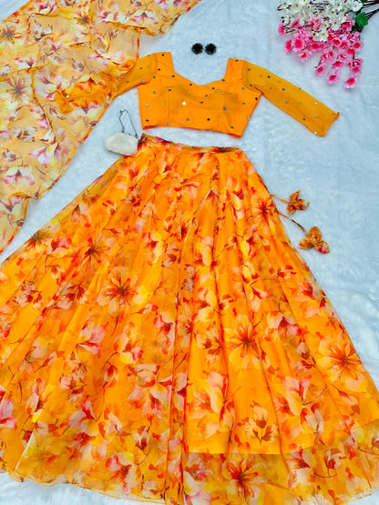 Haldi Special Collection Yellow Color Floral Printed Pure Organza Silk Lehenga with Fully Stitched Blouse