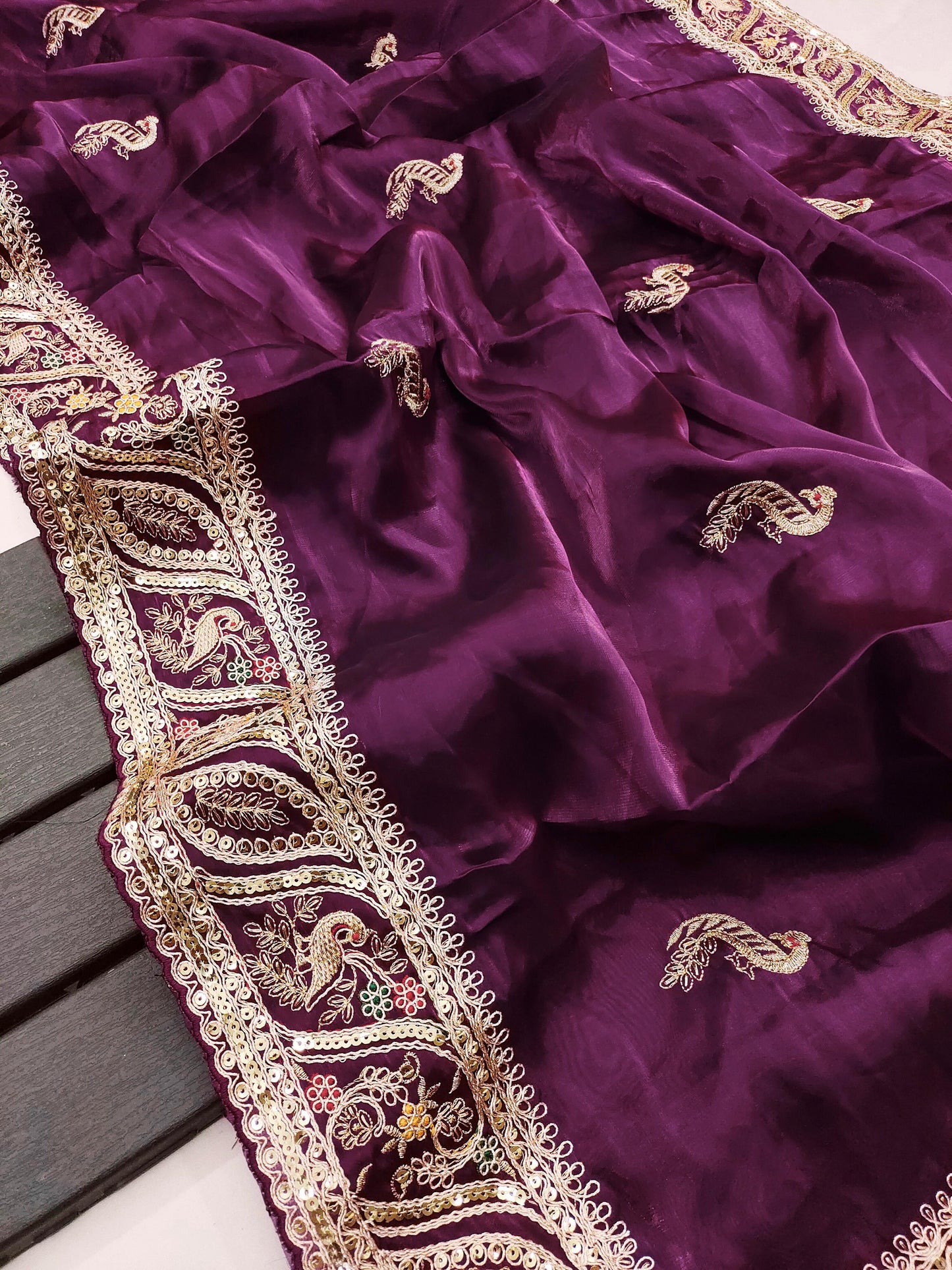 Beautiful Cut Work Border Wine Color Multi Thread Saree