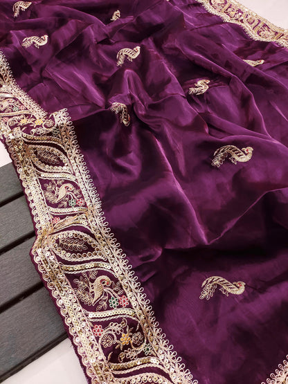 Beautiful Cut Work Border Wine Color Multi Thread Saree
