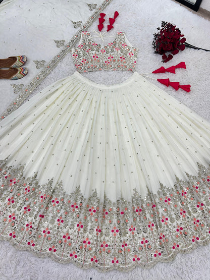 Wedding Collection White Color Heavy Embroidery Sequence Work Lehenga Choli