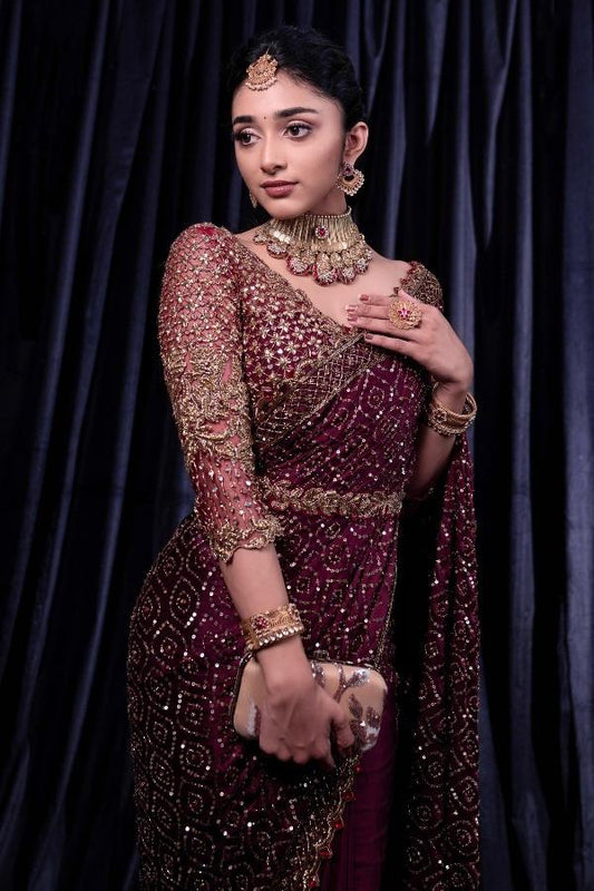 Heavy Full Sequence Work Maroon Color Designer Saree