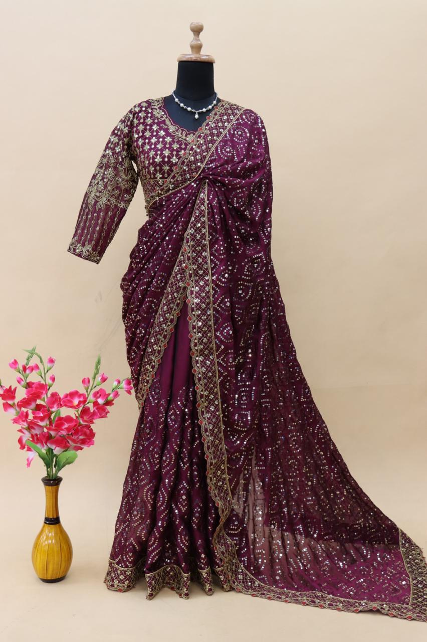 Heavy Full Sequence Work Maroon Color Designer Saree