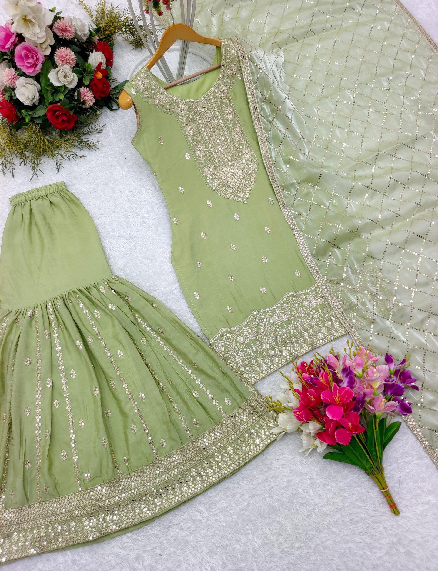 Glorious Green Color Embroidery 5mm Sequence Work Designer Sharara Suit