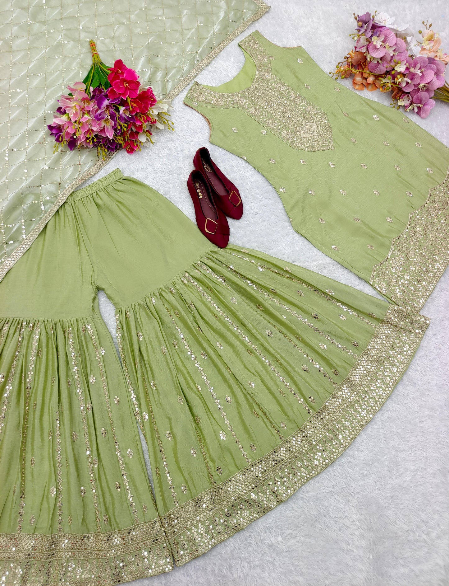 Glorious Green Color Embroidery 5mm Sequence Work Designer Sharara Suit