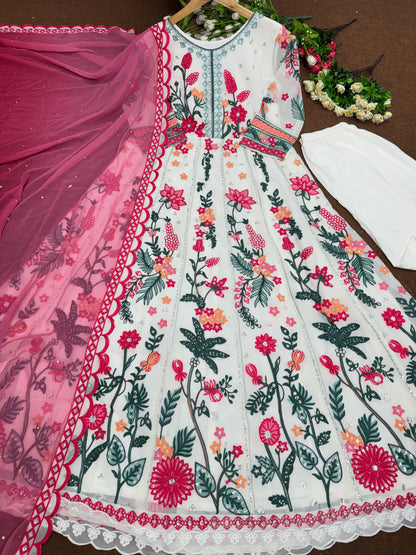 Marvelous White Multi Color Fancy Pakistani Work Anarkali Suit