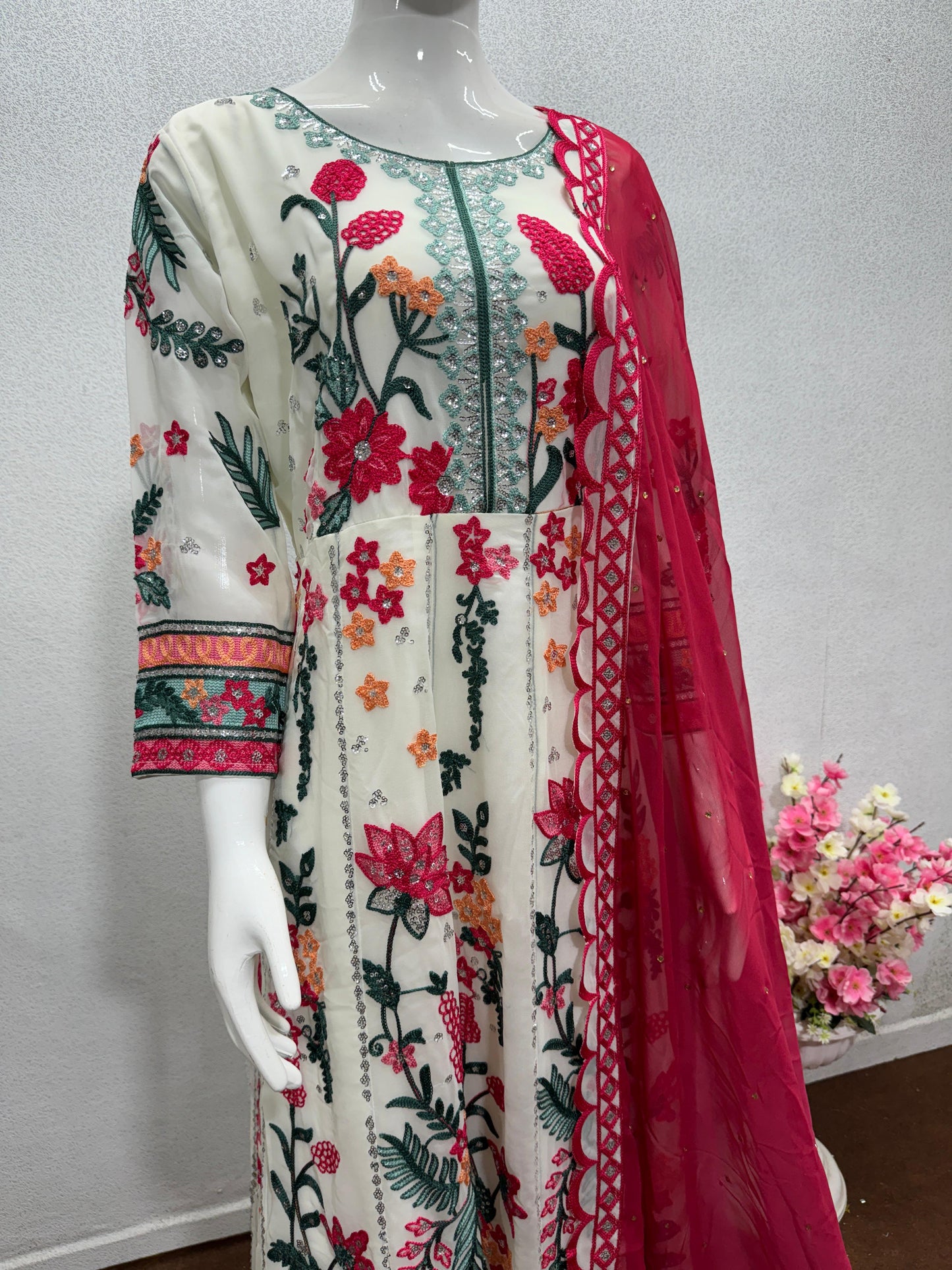 Marvelous White Multi Color Fancy Pakistani Work Anarkali Suit