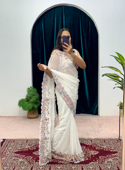 Party Wear White Color Embroidery Thread And Hand Work Saree
