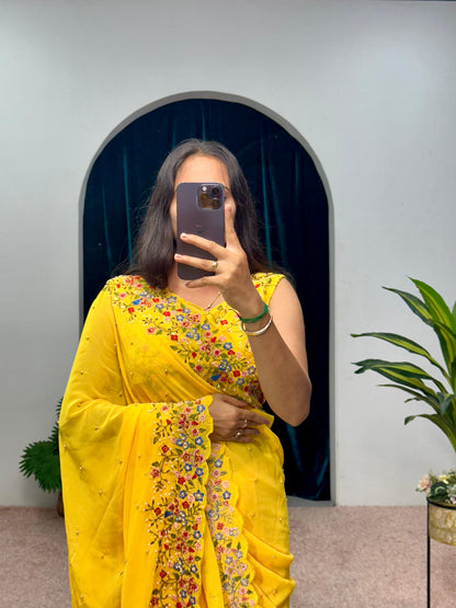Haldi Special Yellow Color Embroidery Thread And Hand Work Saree