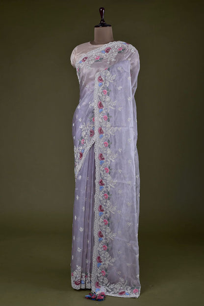 Captivating Lavender Color Multi Embroidery Work Saree