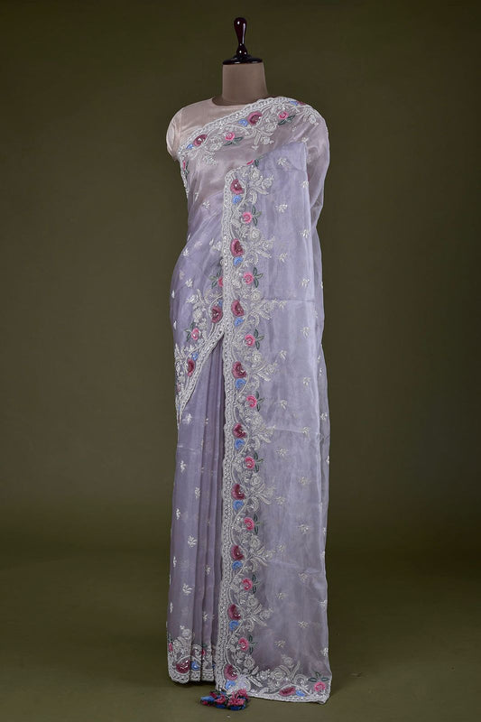 Captivating Lavender Color Multi Embroidery Work Saree