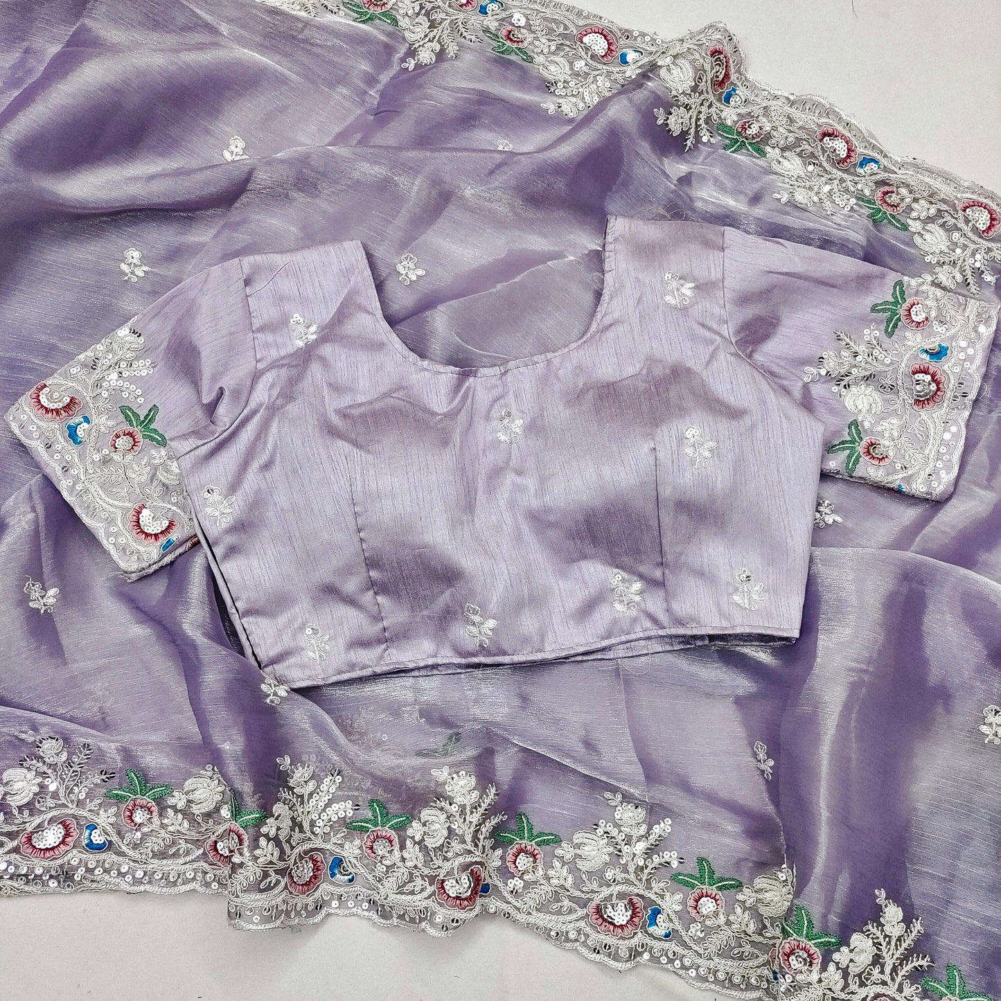 Captivating Lavender Color Multi Embroidery Work Saree