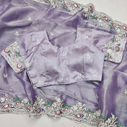 Captivating Lavender Color Multi Embroidery Work Saree