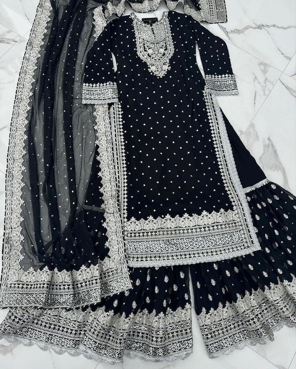 Opulent Black Color Sharara Suit With Dupatta