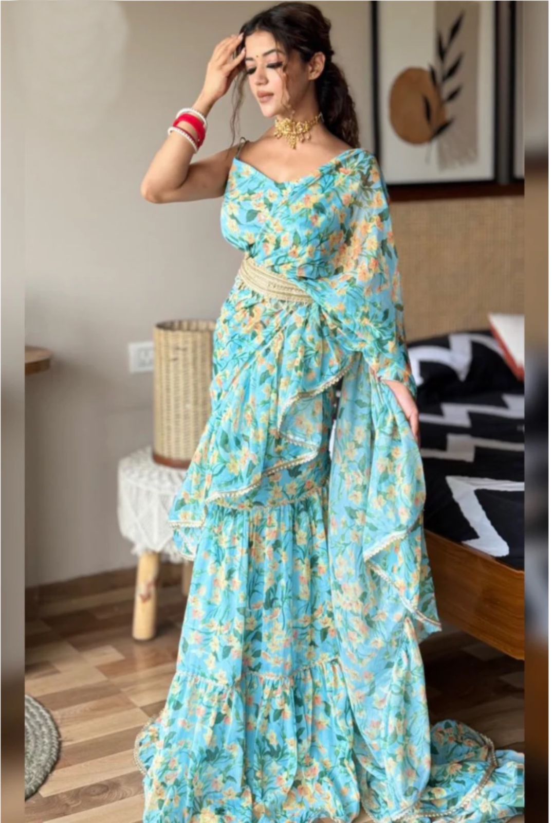 Ravishing Sky Blue Color  Beautiful Floral Print Lehenga Saree