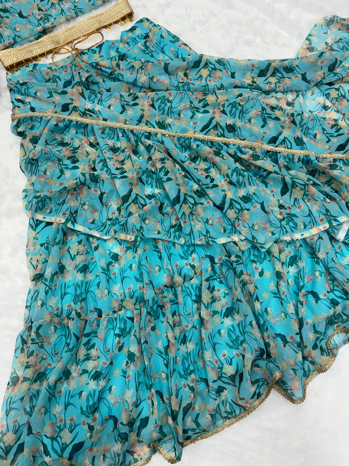Ravishing Sky Blue Color  Beautiful Floral Print Lehenga Saree