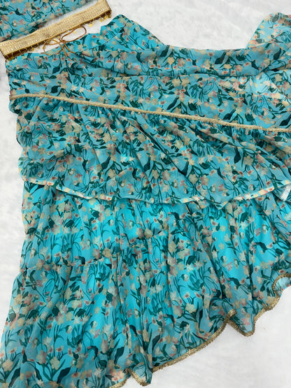 Ravishing Sky Blue Color  Beautiful Floral Print Lehenga Saree