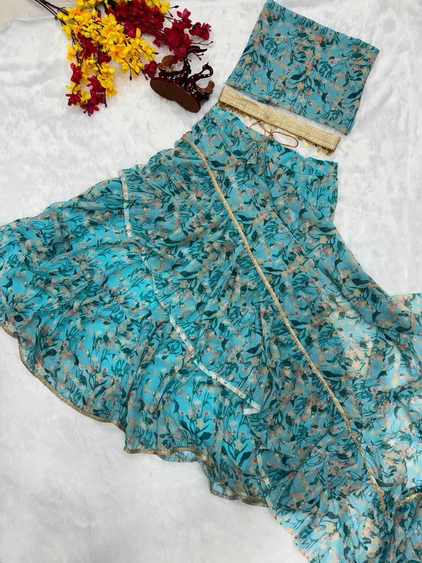 Ravishing Sky Blue Color  Beautiful Floral Print Lehenga Saree