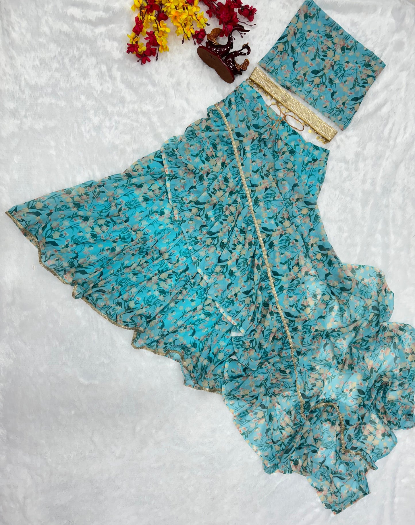 Ravishing Sky Blue Color  Beautiful Floral Print Lehenga Saree