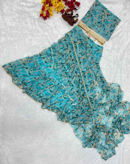 Ravishing Sky Blue Color  Beautiful Floral Print Lehenga Saree