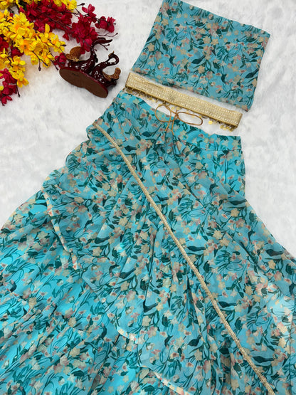 Ravishing Sky Blue Color  Beautiful Floral Print Lehenga Saree