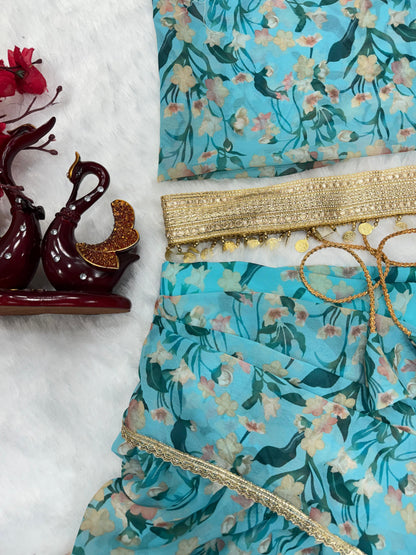 Ravishing Sky Blue Color  Beautiful Floral Print Lehenga Saree
