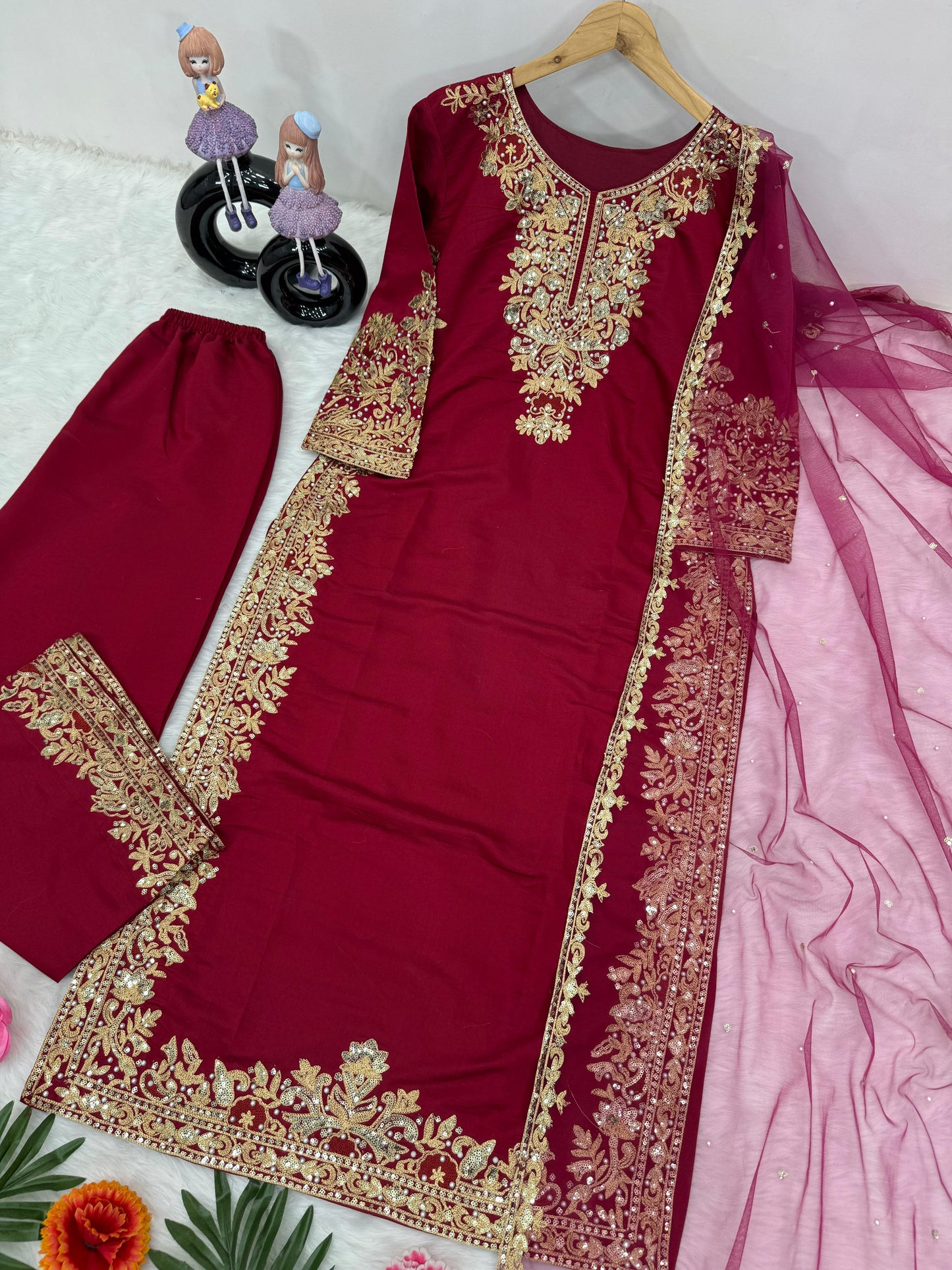 Fancy Chine Sequence Work Red Color Palazzo Suit