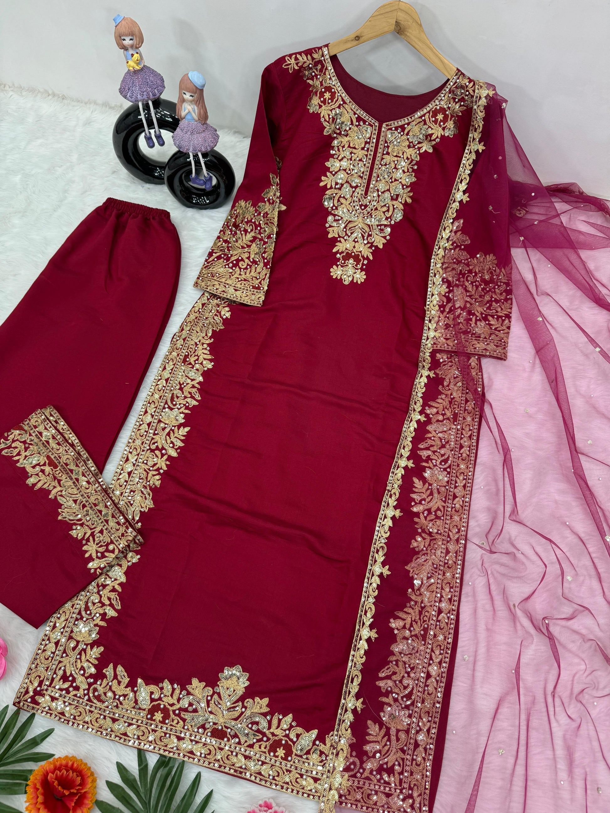 Fancy Chine Sequence Work Red Color Palazzo Suit