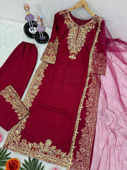 Fancy Chine Sequence Work Red Color Palazzo Suit