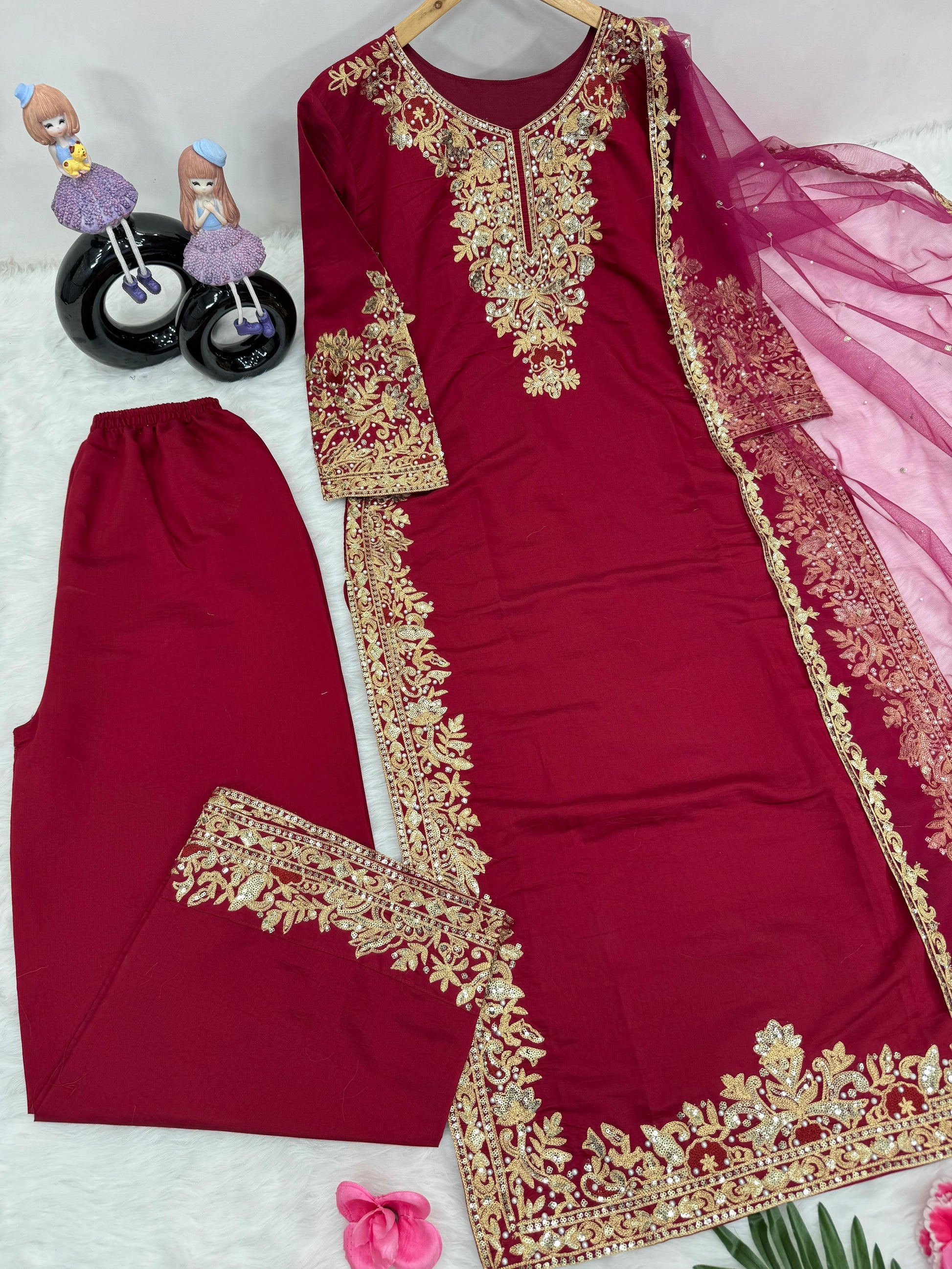 Fancy Chine Sequence Work Red Color Palazzo Suit