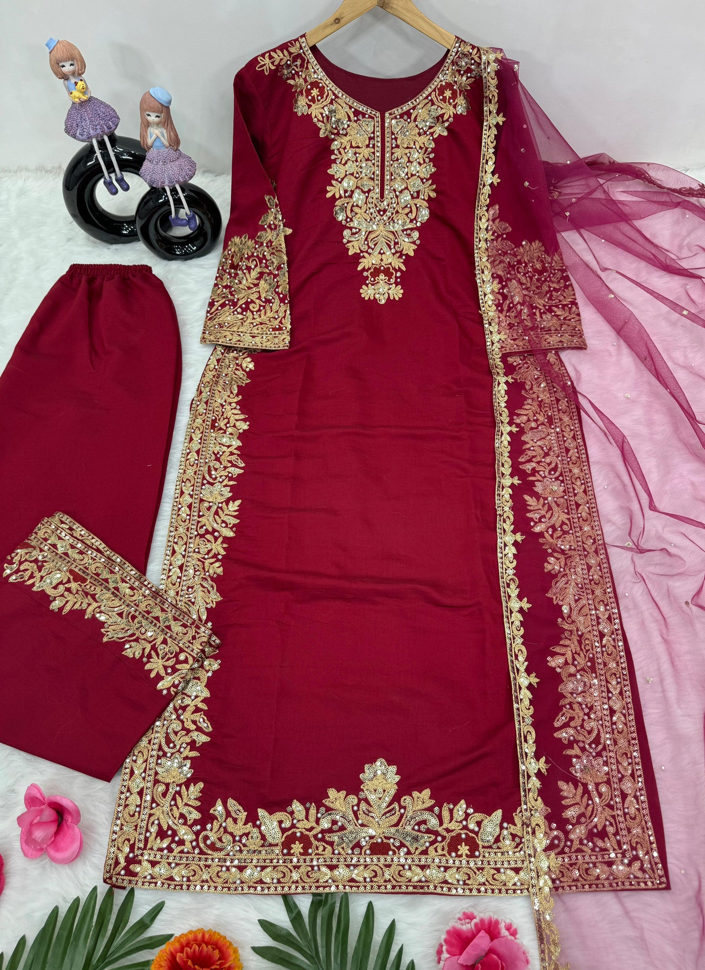 Fancy Chine Sequence Work Red Color Palazzo Suit
