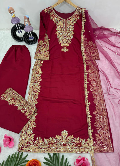 Fancy Chine Sequence Work Red Color Palazzo Suit