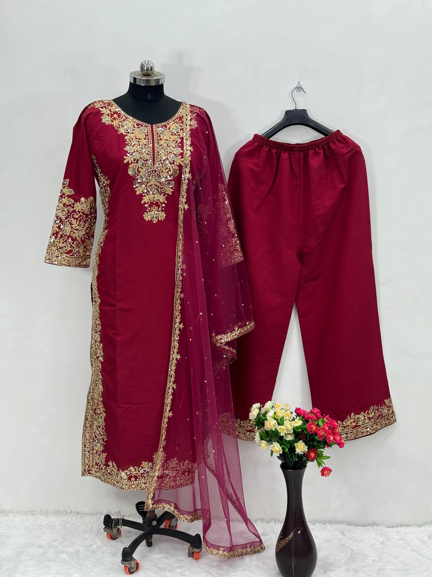 Fancy Chine Sequence Work Red Color Palazzo Suit