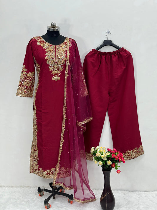 Fancy Chine Sequence Work Red Color Palazzo Suit