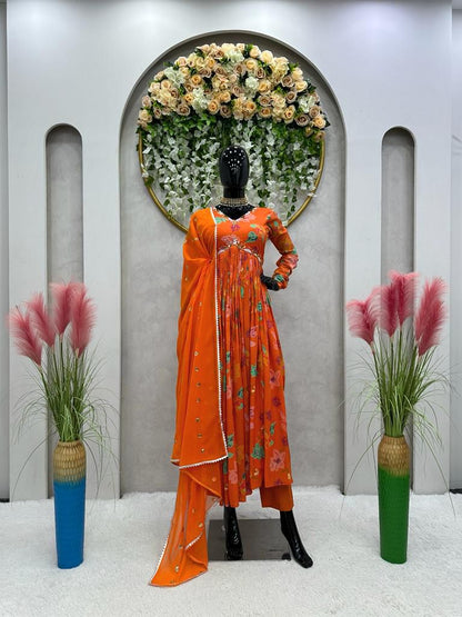 Reception Wear Alia Cut Orange Color Muslin Cotton Anarkali Suit