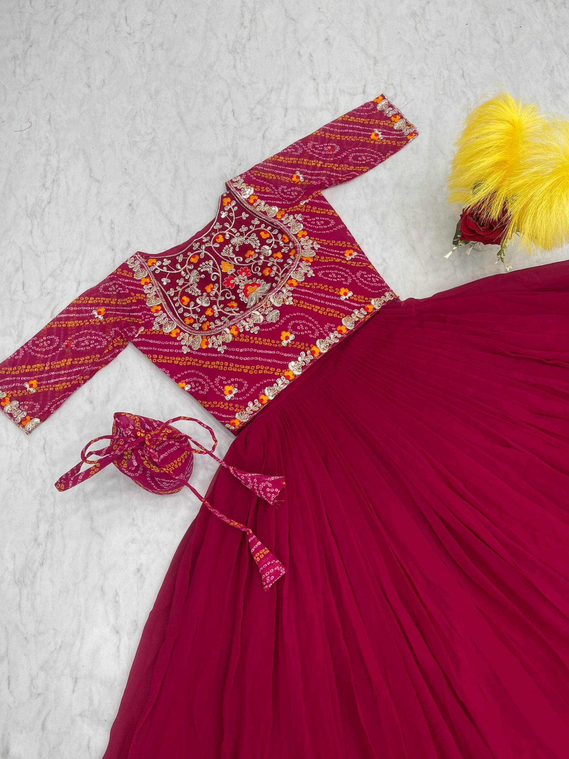 Stylish Pink Color Gown With Bandhani Print Jacket